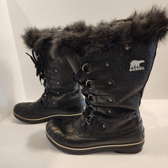 Sorel Womens Tofino Black Glitter Faux Fur Lace Up Waterproof Boots, Size 10 - Picture 3 of 7